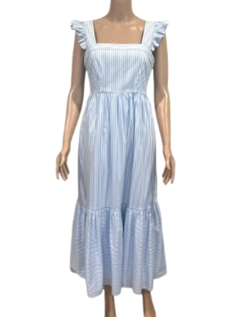 Gal Meets Glam Midi Dress Size 2 Blue/White Striped Ruffle Strap *NWOT*
